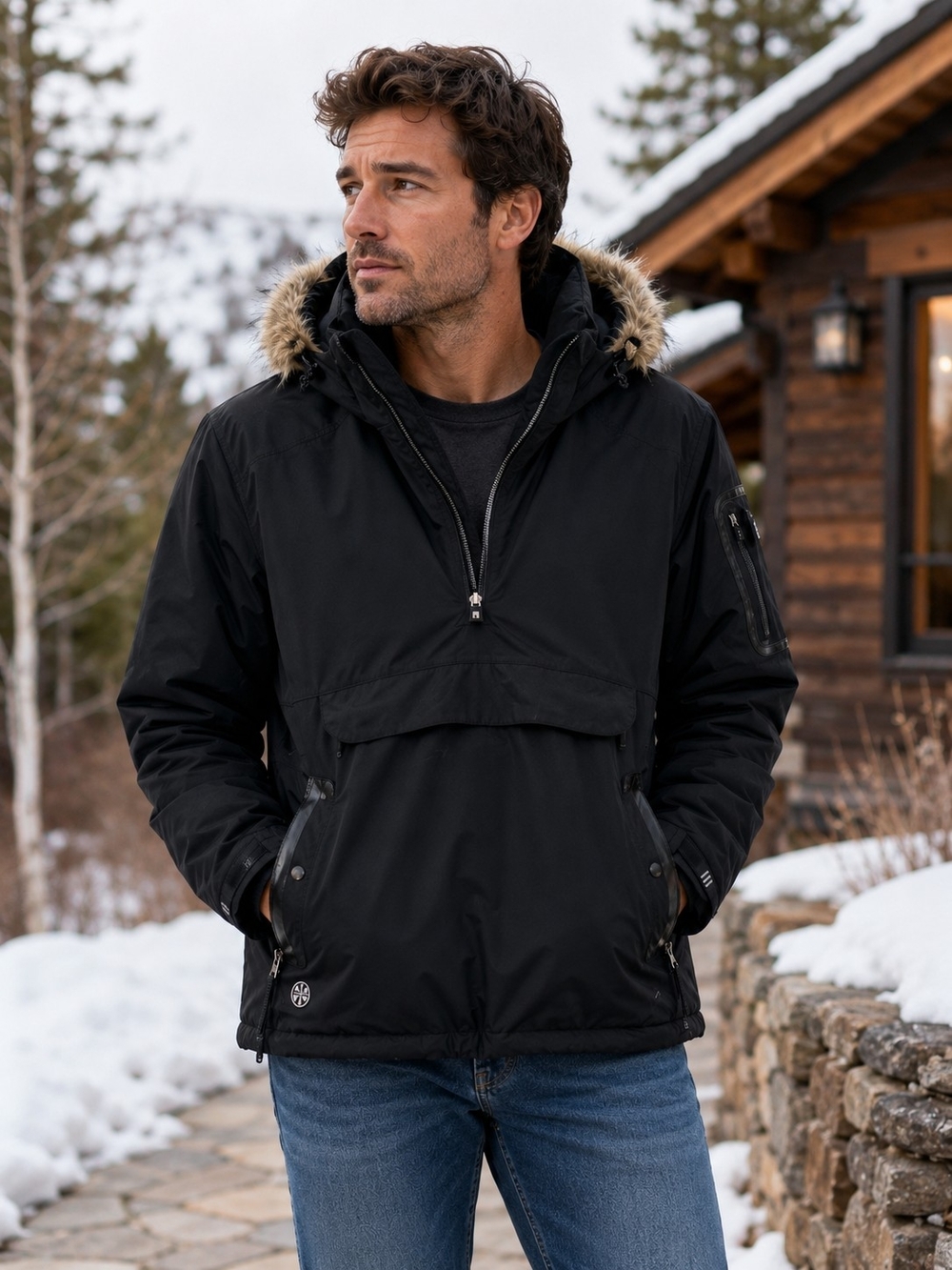 Lands' End Black Hooded Ski Anorak with Faux-Fur Trim